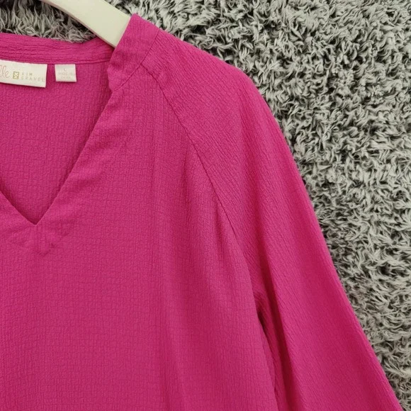 Belle Kim Gravel Womens Gauzy Preppy Lightweight Top L Hot Pink Textured VNeck - Picture 8 of 16